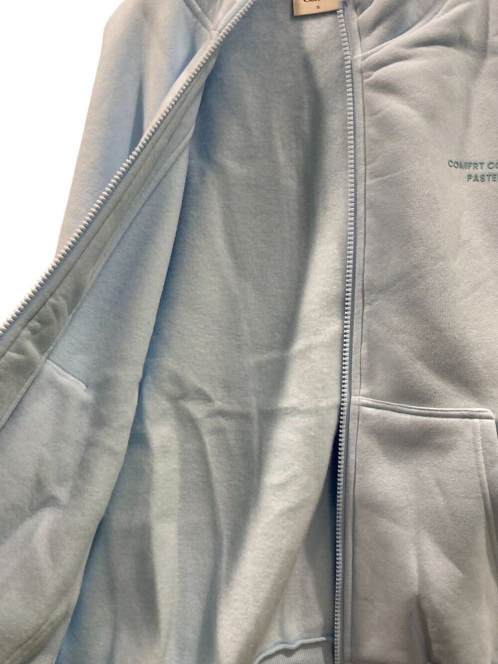 Comfrt Pastel Edit Zip-Up Hoodie S Baby Blue Casual Lounge Preppy Minimalist New - Picture 11 of 12